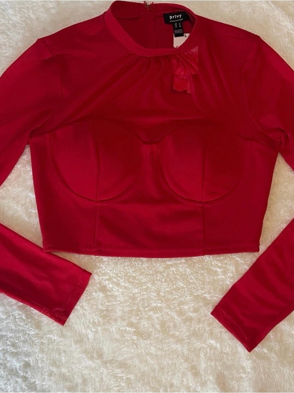 Red Mesh Long Sleeve Mock Neck Corset Top - Size M